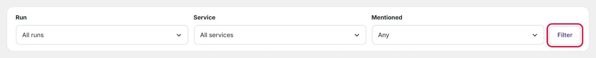 Results filters: run, service and mention.