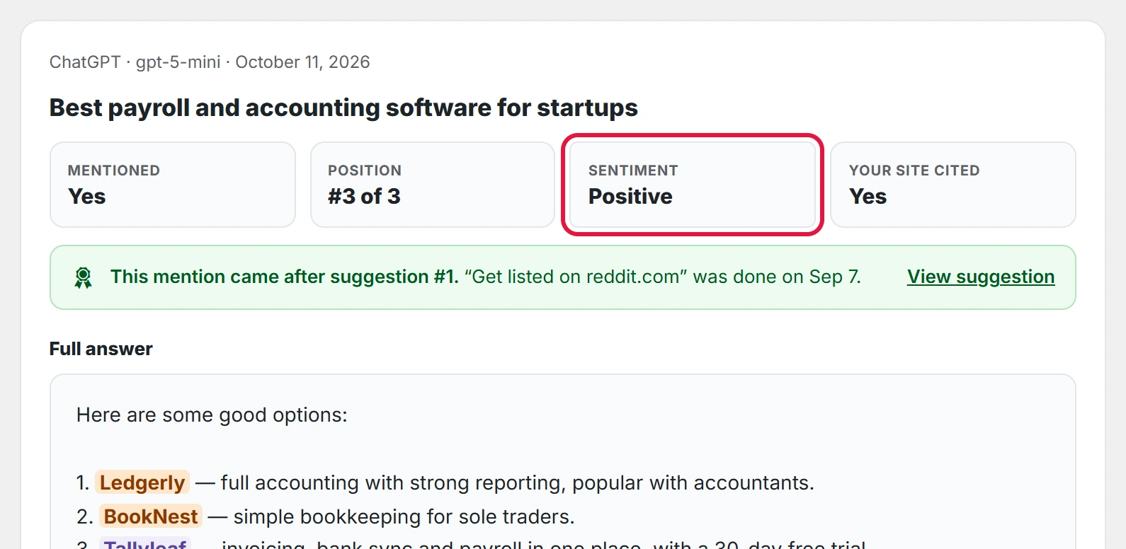 Sentiment on one answer in Results.