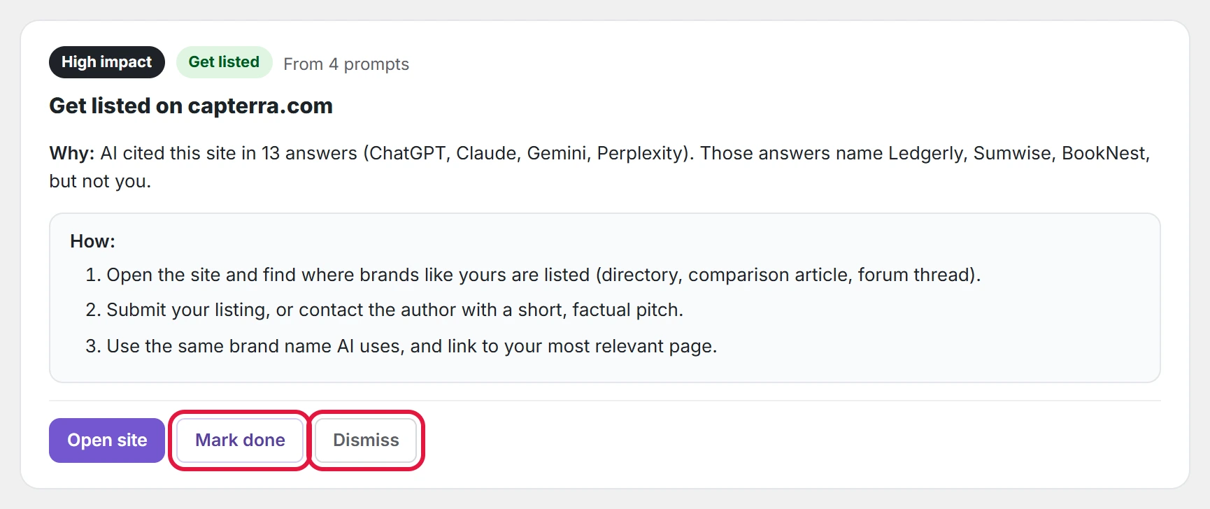 A suggestion: impact, type, why, how, and the actions.
