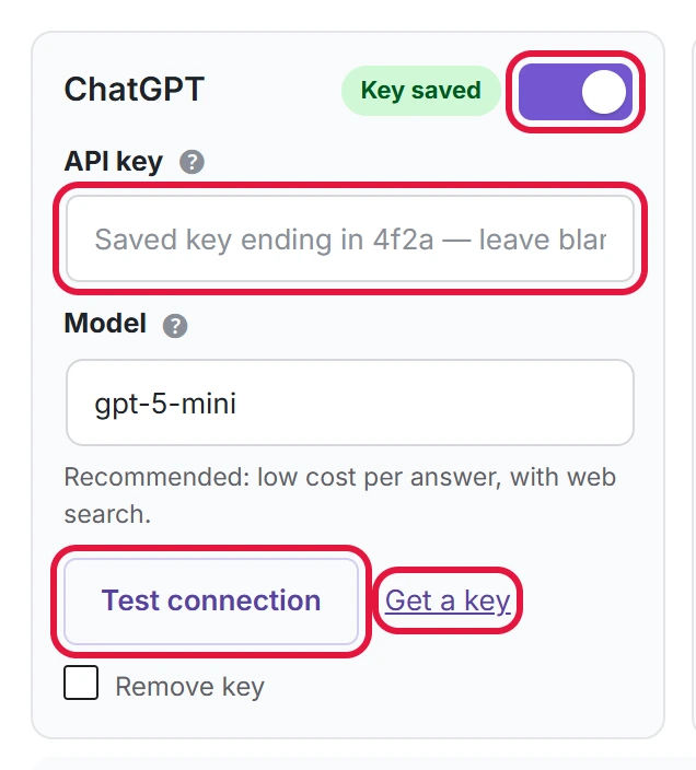 Switch the service on, paste the key, then Test connection. Get a key opens the service’s key page.