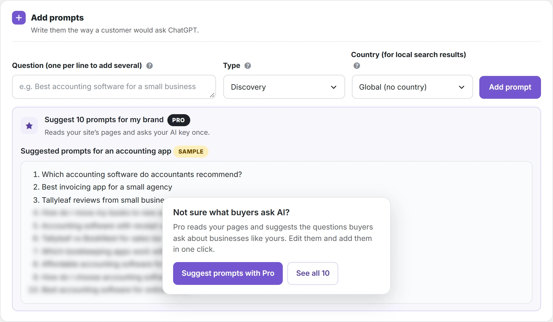 Free version showing a sample of the Pro prompt ideas under Add prompts