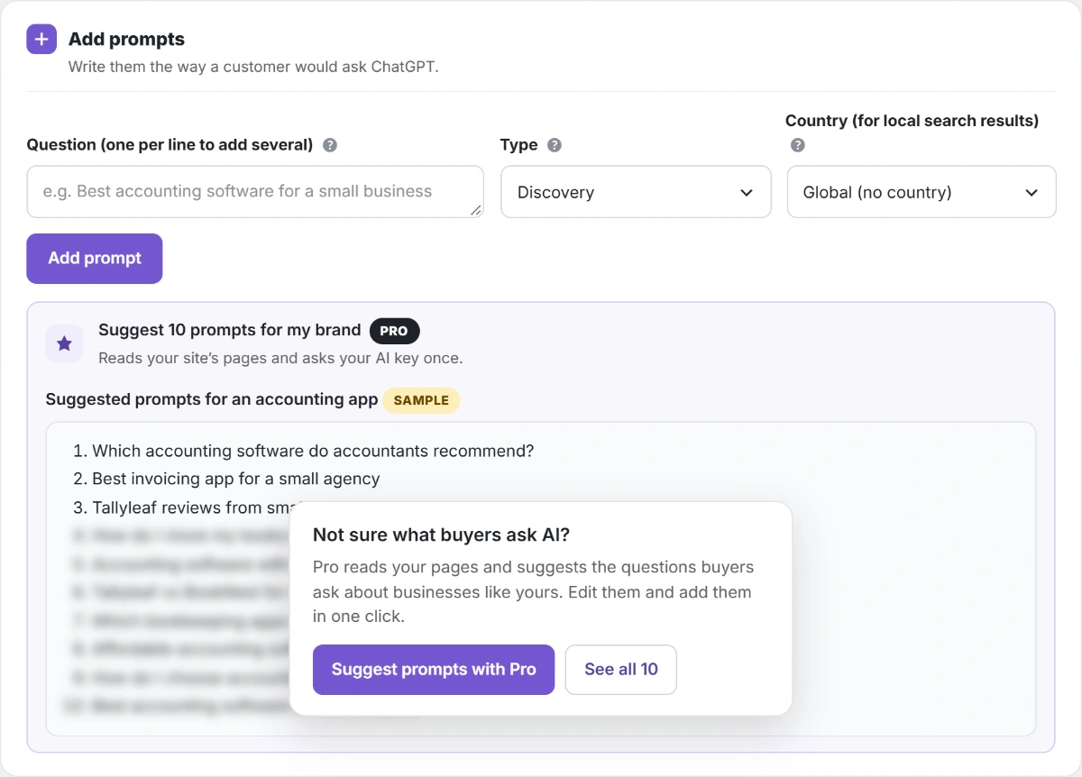 Free AI visibility WordPress plugin showing a sample of a Pro feature