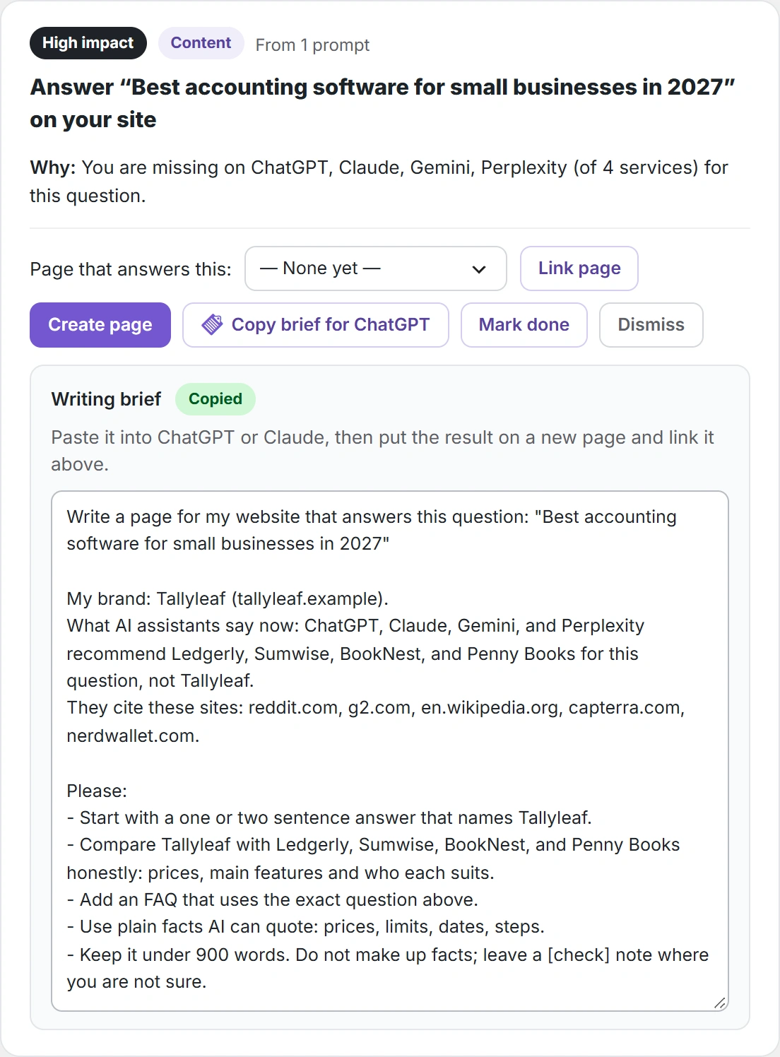 Generative engine optimization suggestion with a ready writing brief for ChatGPT