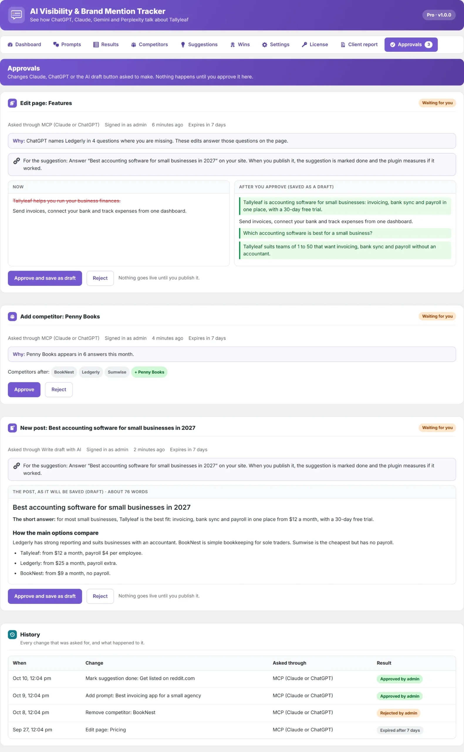Changes asked for by Claude or ChatGPT through MCP, waiting on the Approvals page