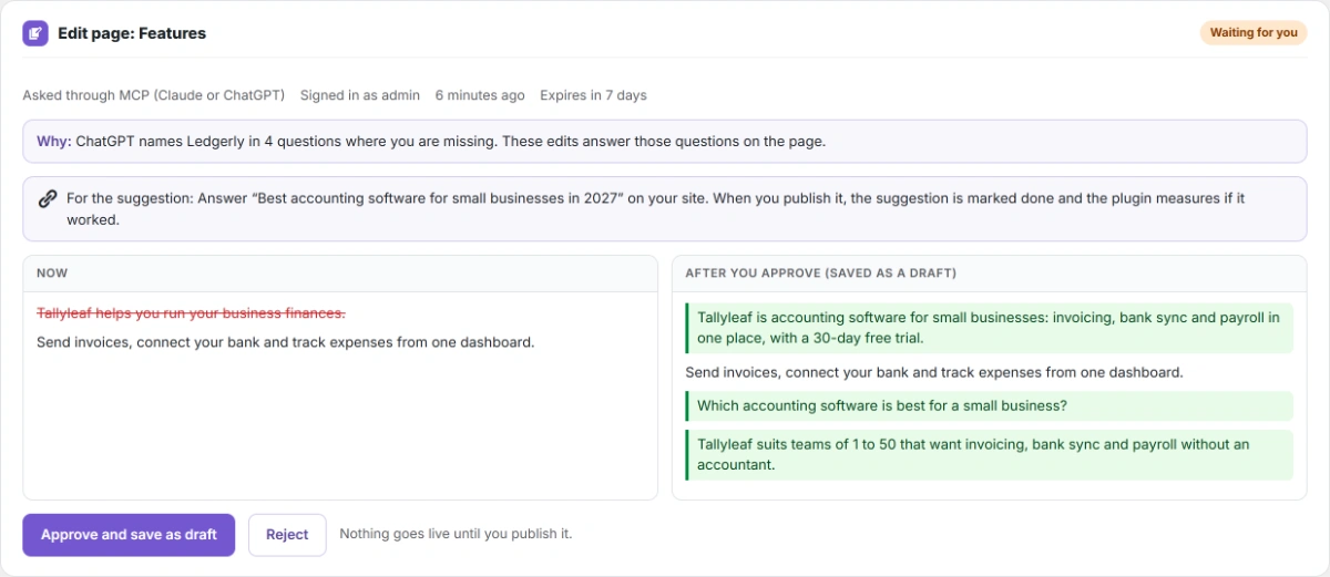 A page edit asked for by Claude through MCP, waiting for approval in WordPress